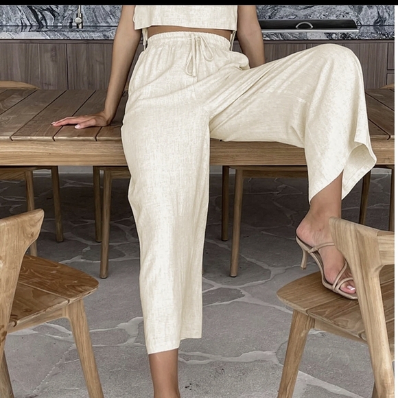 Commense Pants - Commense Cream Wide Leg Linen-Blend Pants